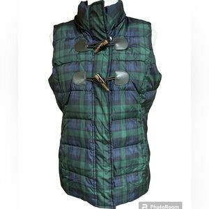 Charter Club Green/Blue Plaid Puffer Vest Mock Neck Small